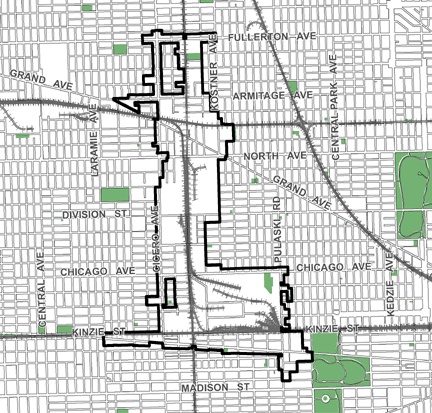 Northwest Industrial Corridor TIF district, roughly bounded on the north by Fullerton Avenue, Madison Street on the south, Kostner and Hamlin avenues on the east, and Cicero and Laramie avenues on the west.